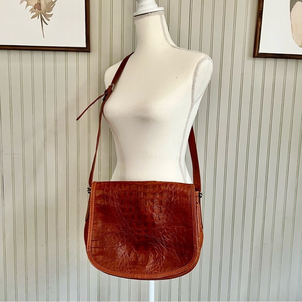 CW Marianelli Croc Embossed Large Saddlebag Cognac Brown Crossbody Bag